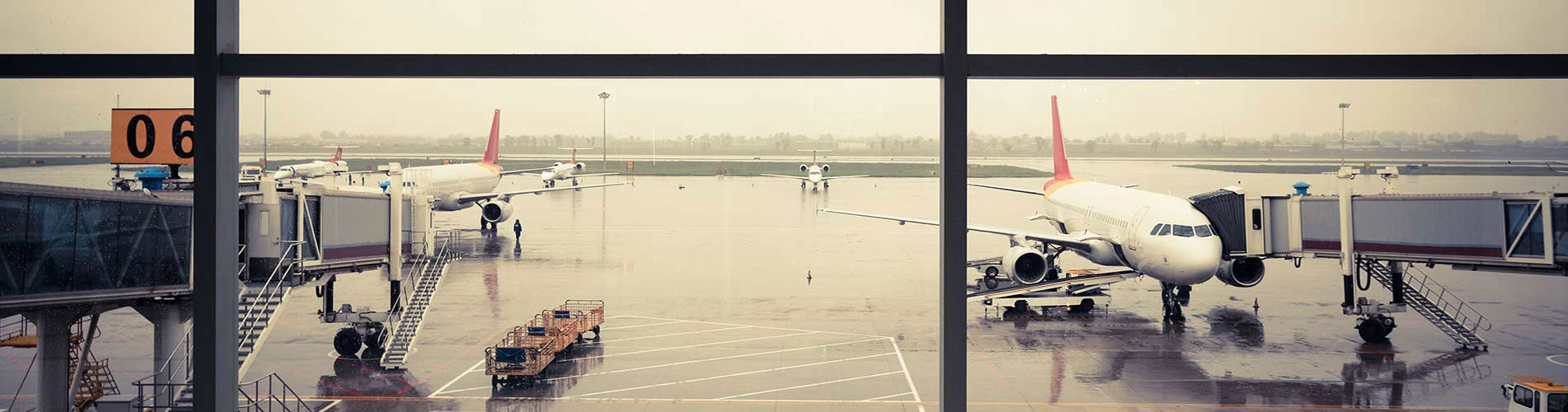 An airport terminal on a rainy day